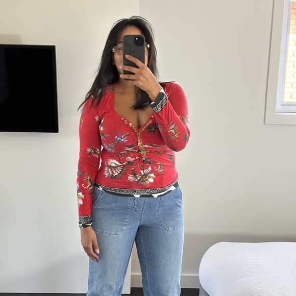 Roberto Cavalli CLASS *Vintage* Sweater Long Sleeve Red Floral Sz 8 US Authentic - Picture 3 of 14